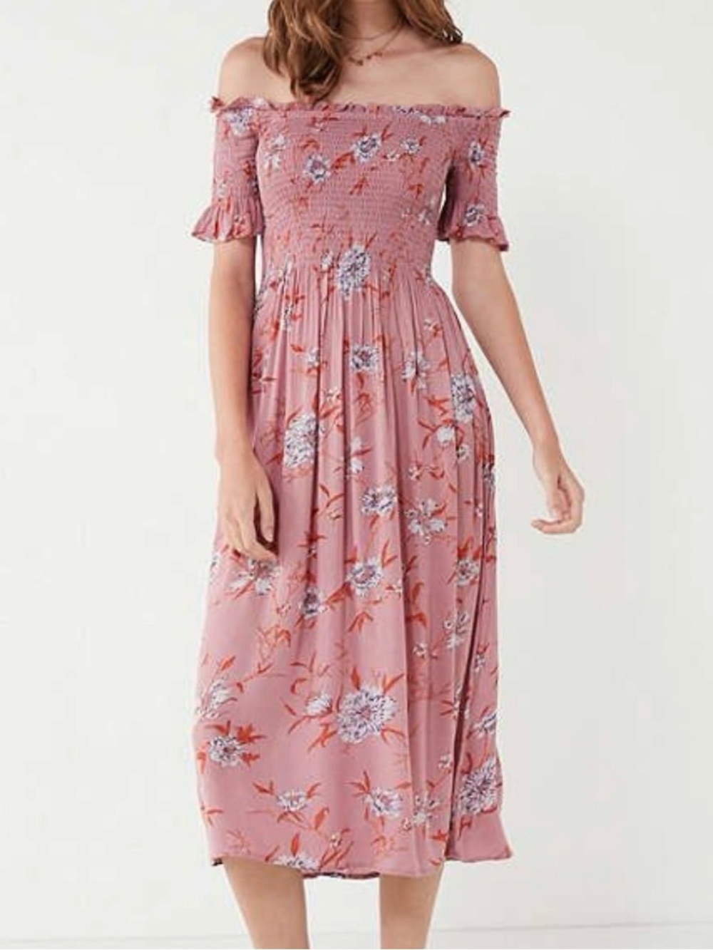 UO Kimchi Blue Picnic Pink Lilac Floral Smock Slit Off Shoulder Dress XS